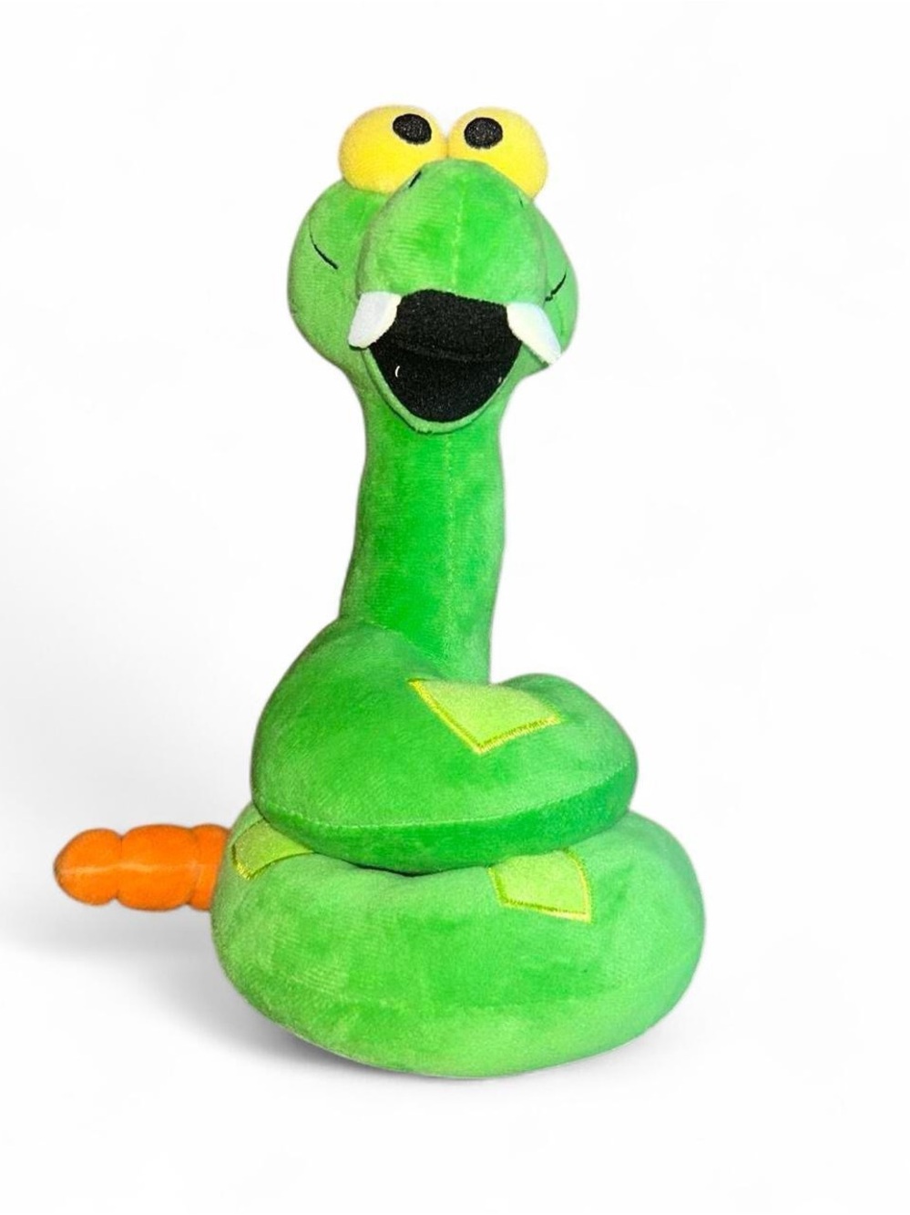 Disney Bright Green Plush Snake Dog Toy with Yellow Eyes and Orange Tail